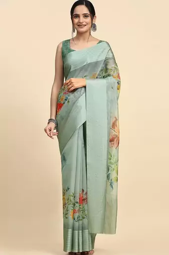 Green elegant printed polycotton saree with blouse piece