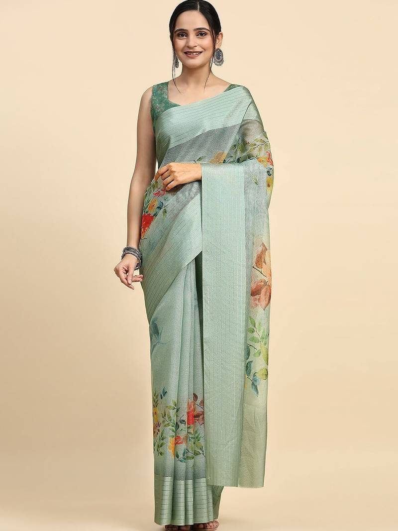 Green elegant printed polycotton saree with blouse piece