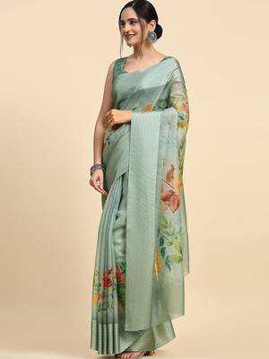 Green elegant printed polycotton saree with blouse piece 2