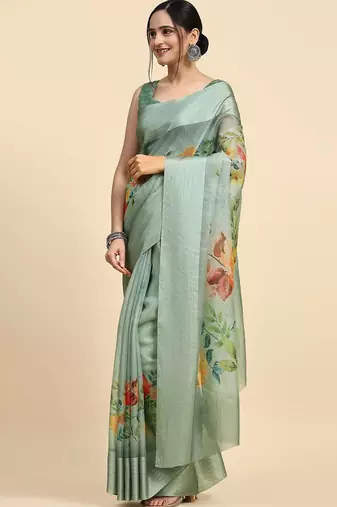 Green elegant printed polycotton saree with blouse piece