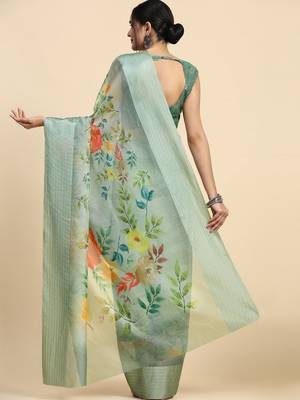 Green elegant printed polycotton saree with blouse piece 3