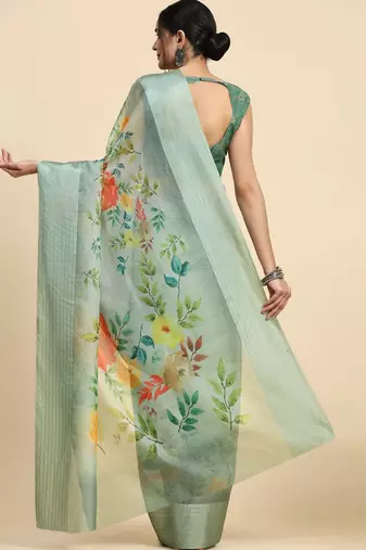 Green elegant printed polycotton saree with blouse piece
