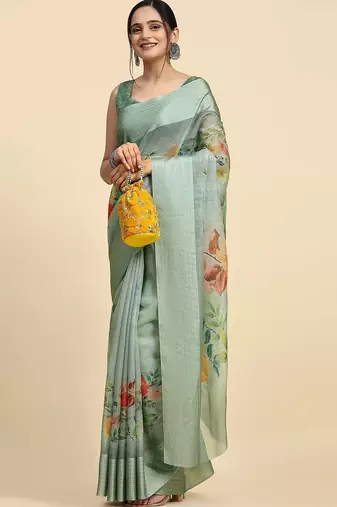 Green elegant printed polycotton saree with blouse piece