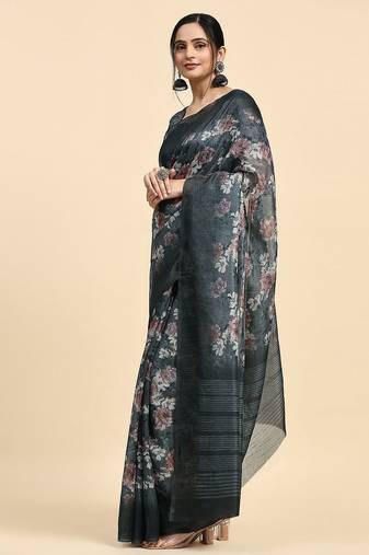 Grey printed chiffon festive wear saree with blouse piece