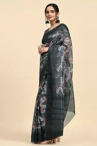 Grey printed chiffon festive wear saree with blouse piece