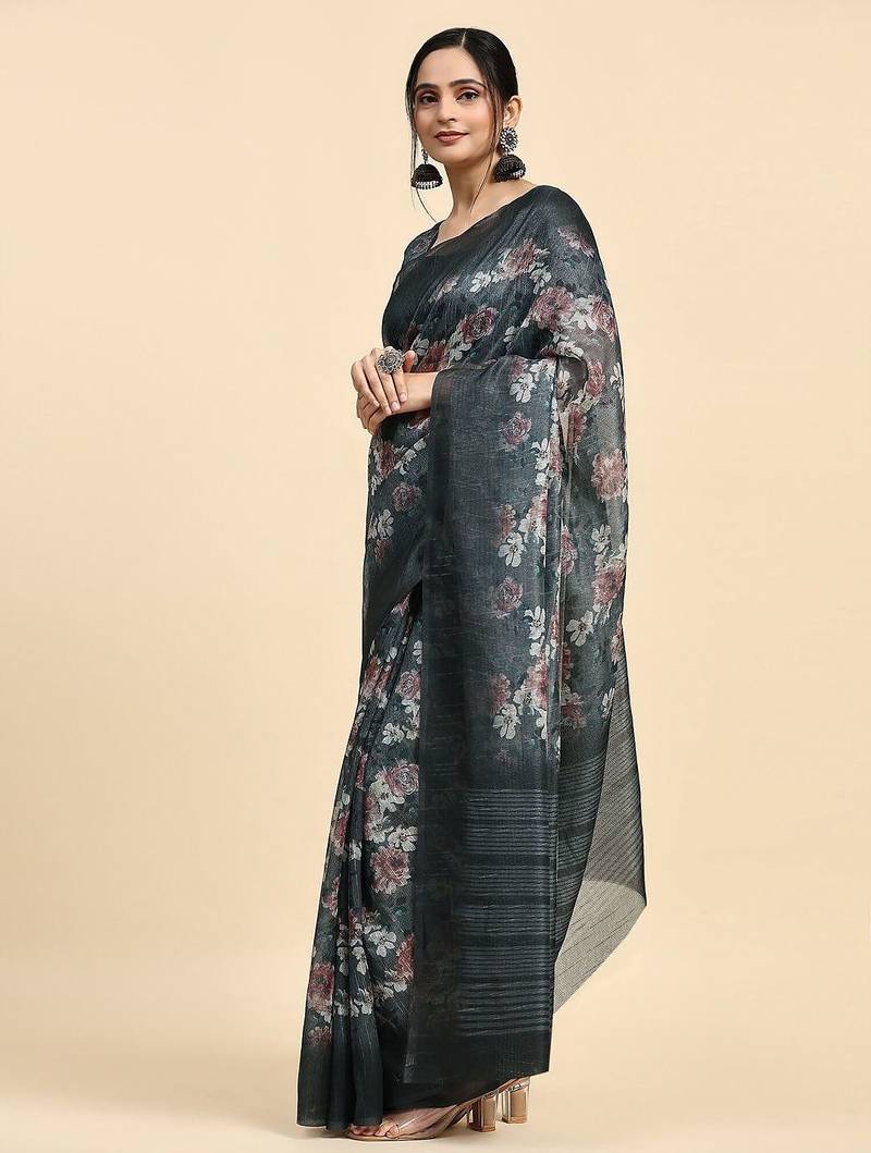 Grey printed chiffon festive wear saree with blouse piece