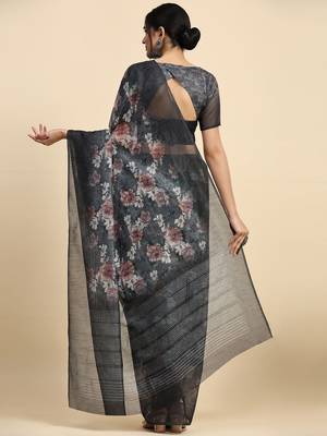 Grey printed chiffon festive wear saree with blouse piece 2