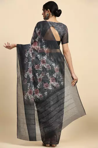 Grey printed chiffon festive wear saree with blouse piece