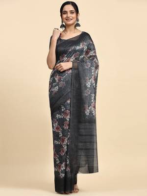 Grey printed chiffon festive wear saree with blouse piece 3