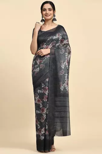 Grey printed chiffon festive wear saree with blouse piece