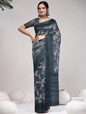 Grey printed chiffon festive wear saree with blouse piece 4