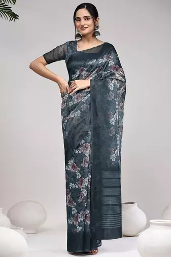 Grey printed chiffon festive wear saree with blouse piece