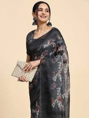 Grey printed chiffon festive wear saree with blouse piece 5