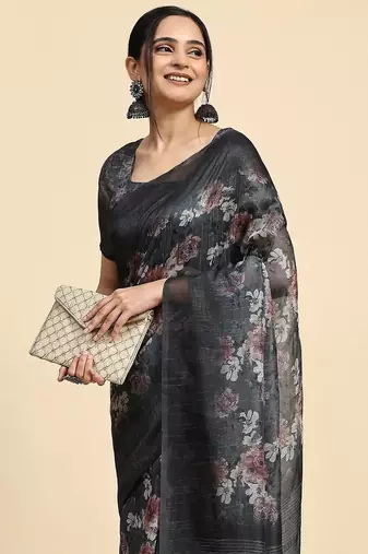 Grey printed chiffon festive wear saree with blouse piece