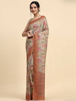 Beige printed satin fashion saree with blouse piece 1
