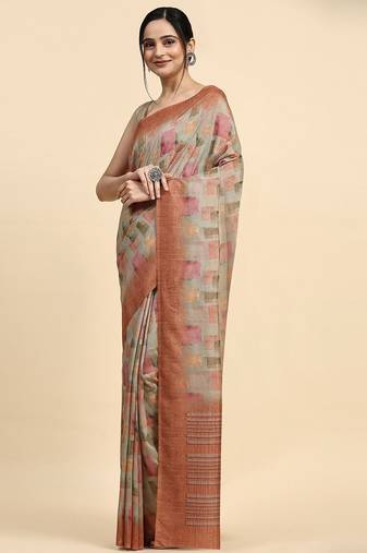 Beige printed satin fashion saree with blouse piece