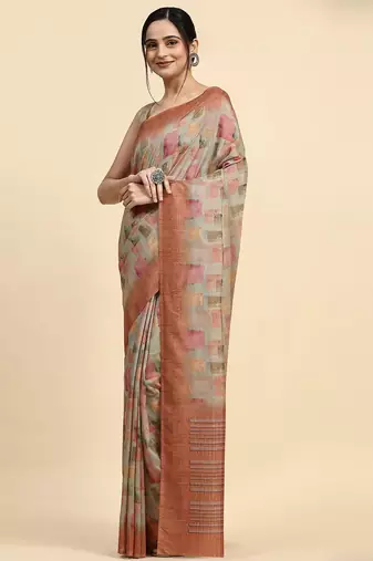 Beige printed satin fashion saree with blouse piece