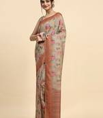Beige printed satin fashion saree with blouse piece