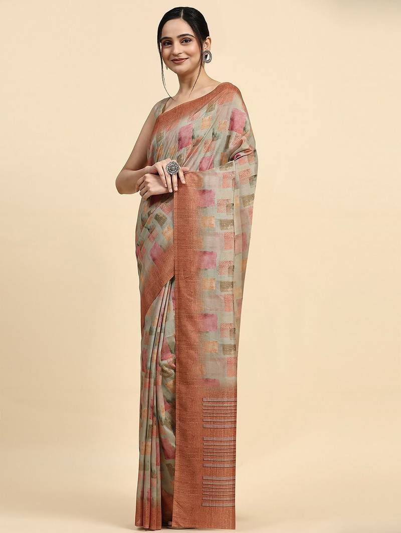 Beige printed satin fashion saree with blouse piece