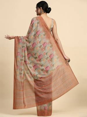 Beige printed satin fashion saree with blouse piece 2