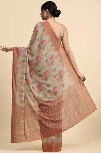 Beige printed satin fashion saree with blouse piece