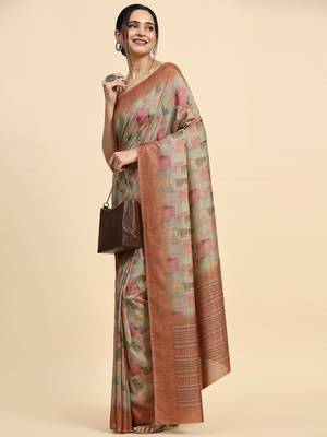 Beige printed satin fashion saree with blouse piece 3