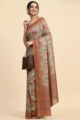 Beige printed satin fashion saree with blouse piece
