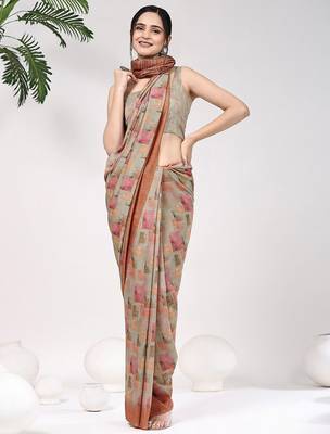 Beige printed satin fashion saree with blouse piece 4