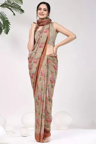 Beige printed satin fashion saree with blouse piece
