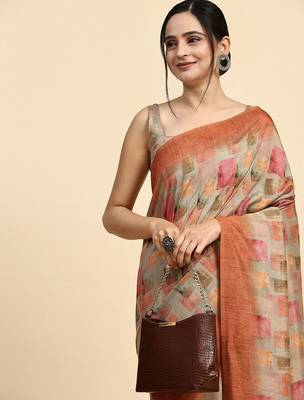 Beige printed satin fashion saree with blouse piece 5