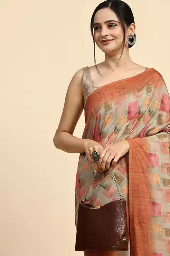 Beige printed satin fashion saree with blouse piece