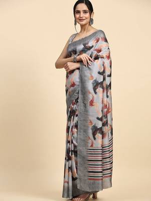 Grey elegant printed polycotton saree with blouse piece 1
