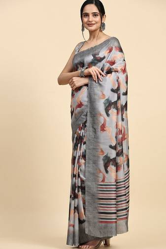 Grey elegant printed polycotton saree with blouse piece