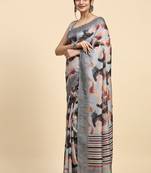 Grey elegant printed polycotton saree with blouse piece