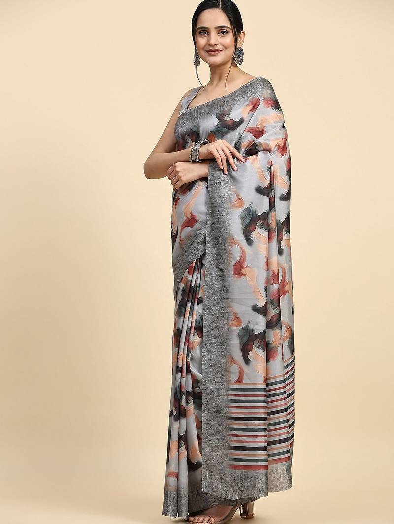 Grey elegant printed polycotton saree with blouse piece