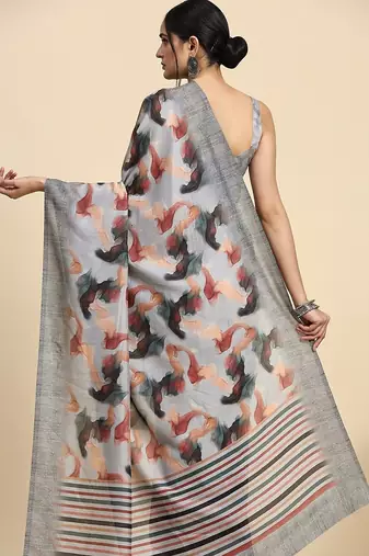 Grey elegant printed polycotton saree with blouse piece