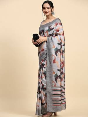 Grey elegant printed polycotton saree with blouse piece 3