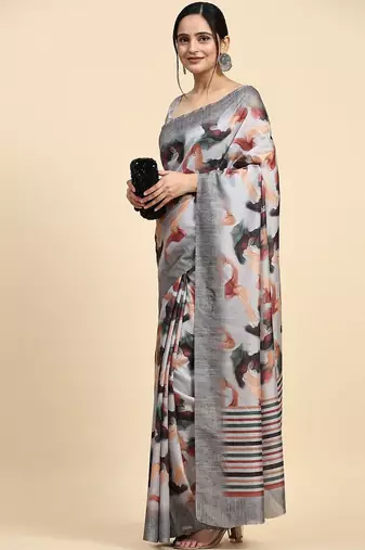 Grey elegant printed polycotton saree with blouse piece