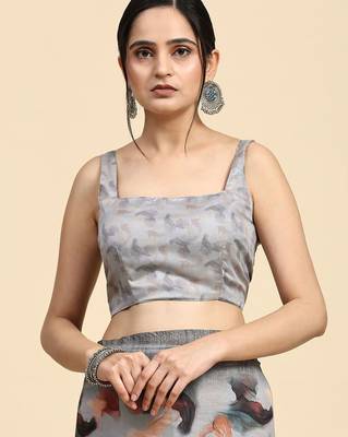 Grey elegant printed polycotton saree with blouse piece 5