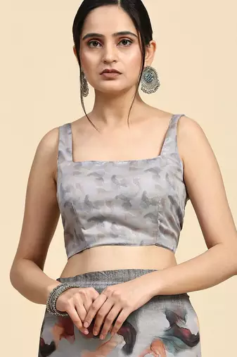 Grey elegant printed polycotton saree with blouse piece