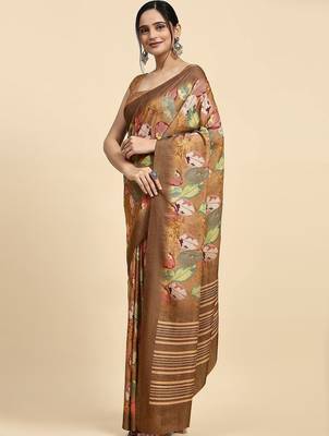 Brown printed satin fashion saree with blouse piece 1