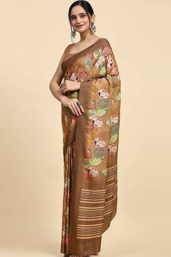 Brown printed satin fashion saree with blouse piece