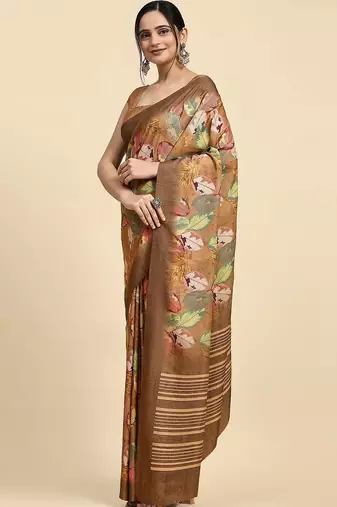 Brown printed satin fashion saree with blouse piece