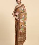 Brown printed satin fashion saree with blouse piece