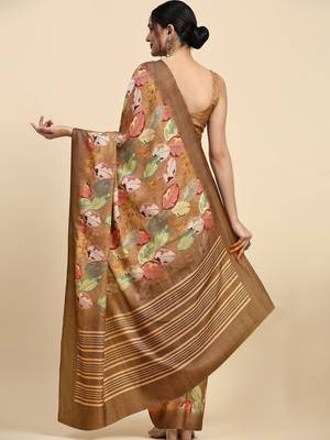 Brown printed satin fashion saree with blouse piece 2