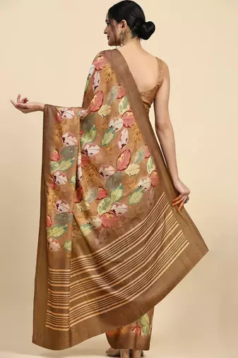 Brown printed satin fashion saree with blouse piece