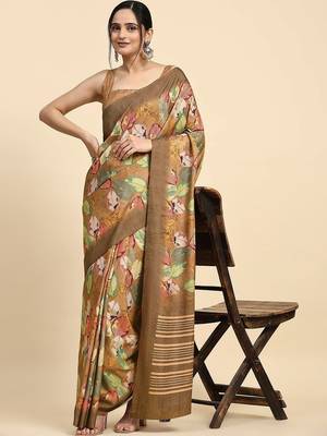 Brown printed satin fashion saree with blouse piece 3