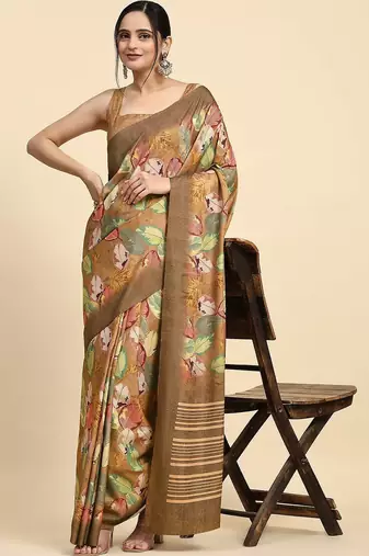 Brown printed satin fashion saree with blouse piece