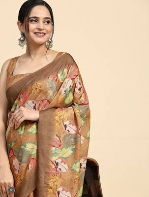 Brown printed satin fashion saree with blouse piece 4