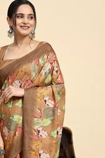 Brown printed satin fashion saree with blouse piece